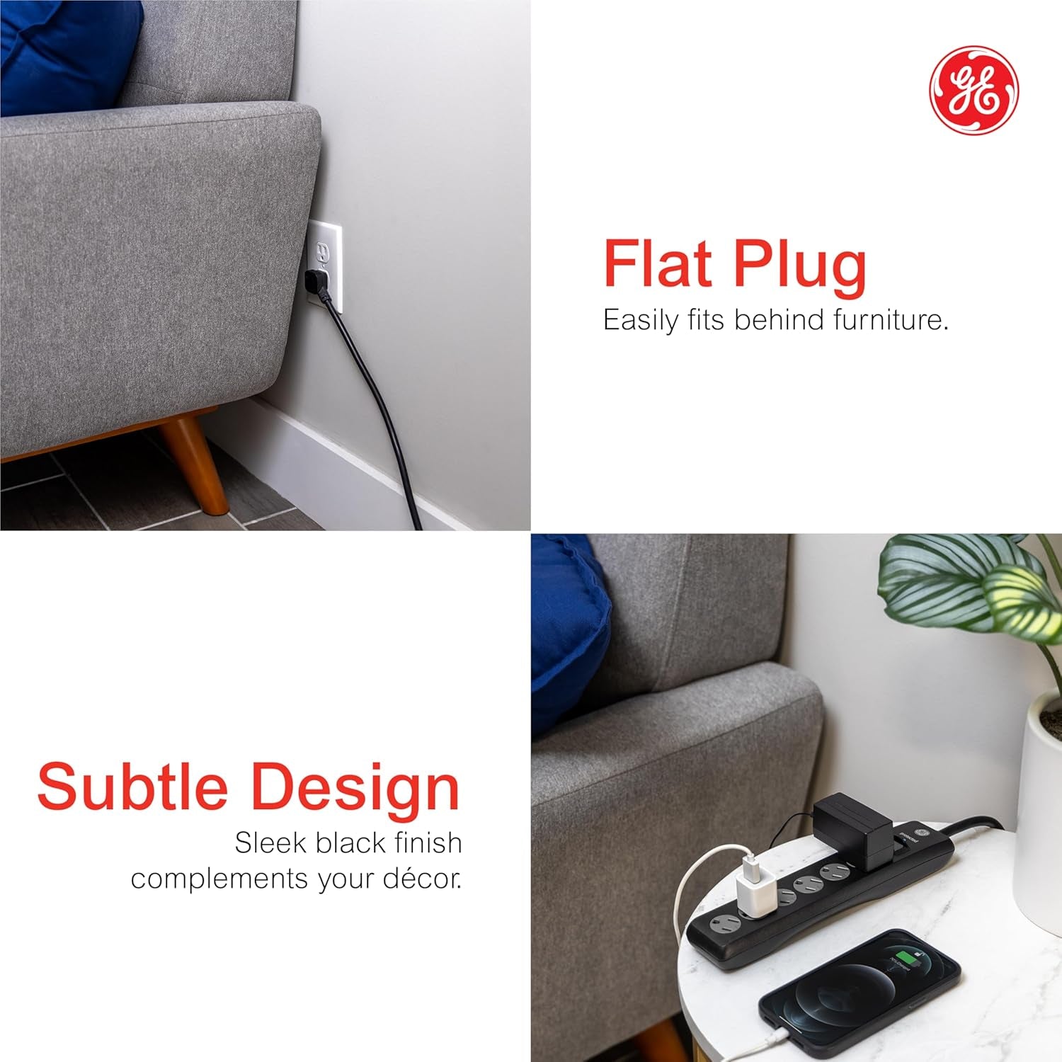 GE Surge Protector Power Strip, 10 Ft Extension Cord, 6 Outlet Extender | 800 Joules, Flat Plug, Wall Mount, Twist-To-Close Safety Covers, ETL Safety Listed, Black, 37442
