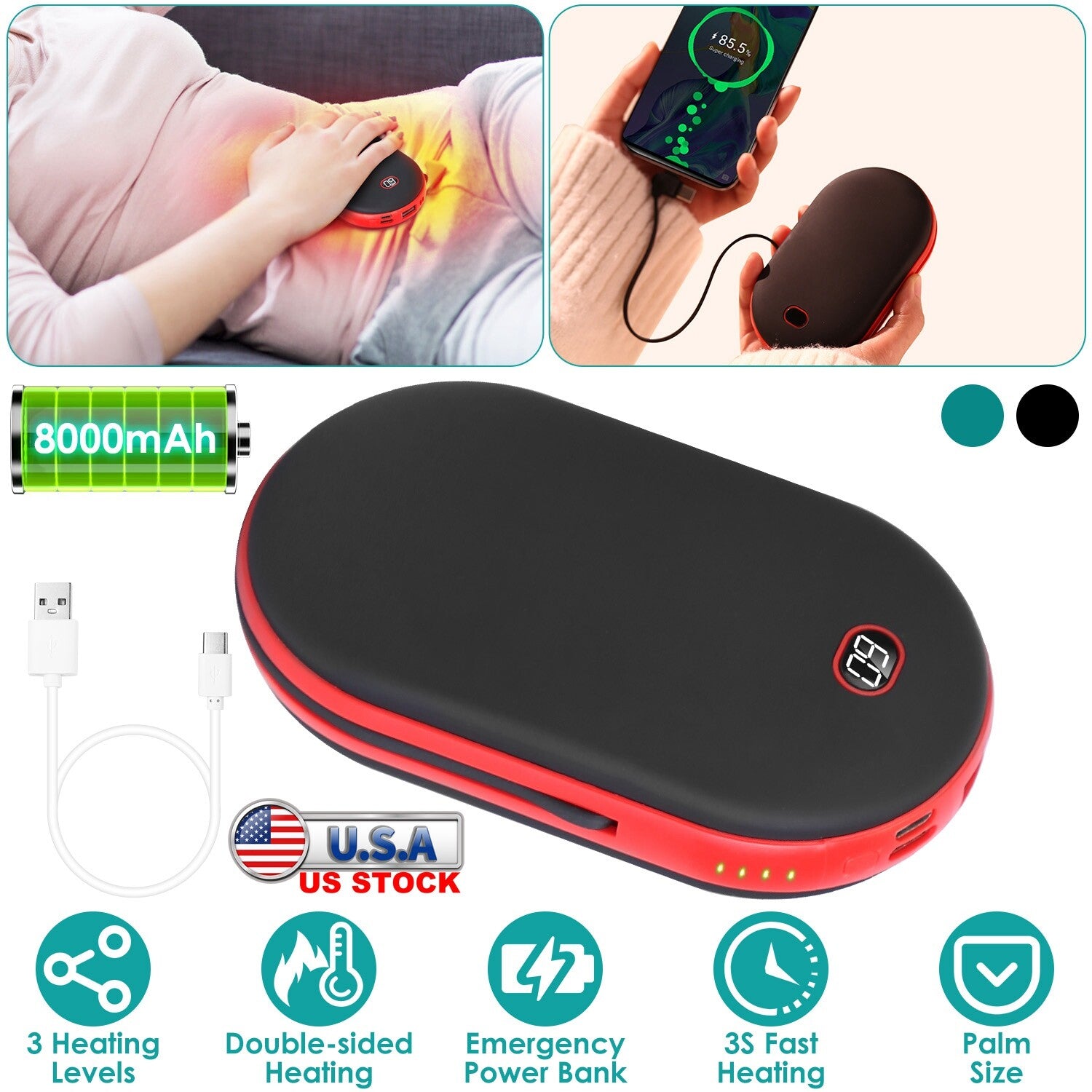 10000Mah Rechargeable Hand Warmer USB Power Bank Electric Heater Pocket Warmers