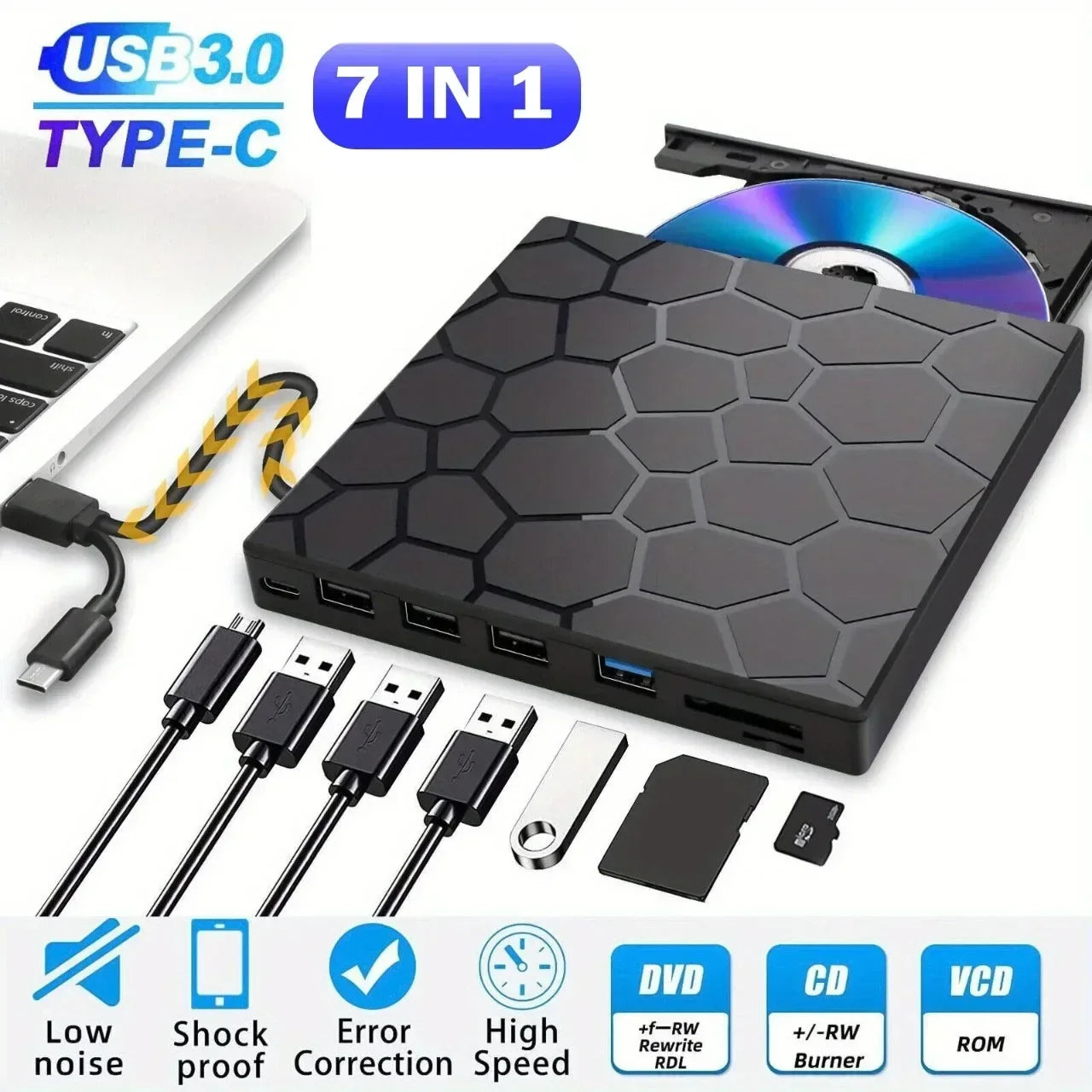 Portable DVD Player 7 in 1 External CD/DVD Drive USB 3.0 Type C CD Burner External Disk Drive for Desktop Mac Windows Linux