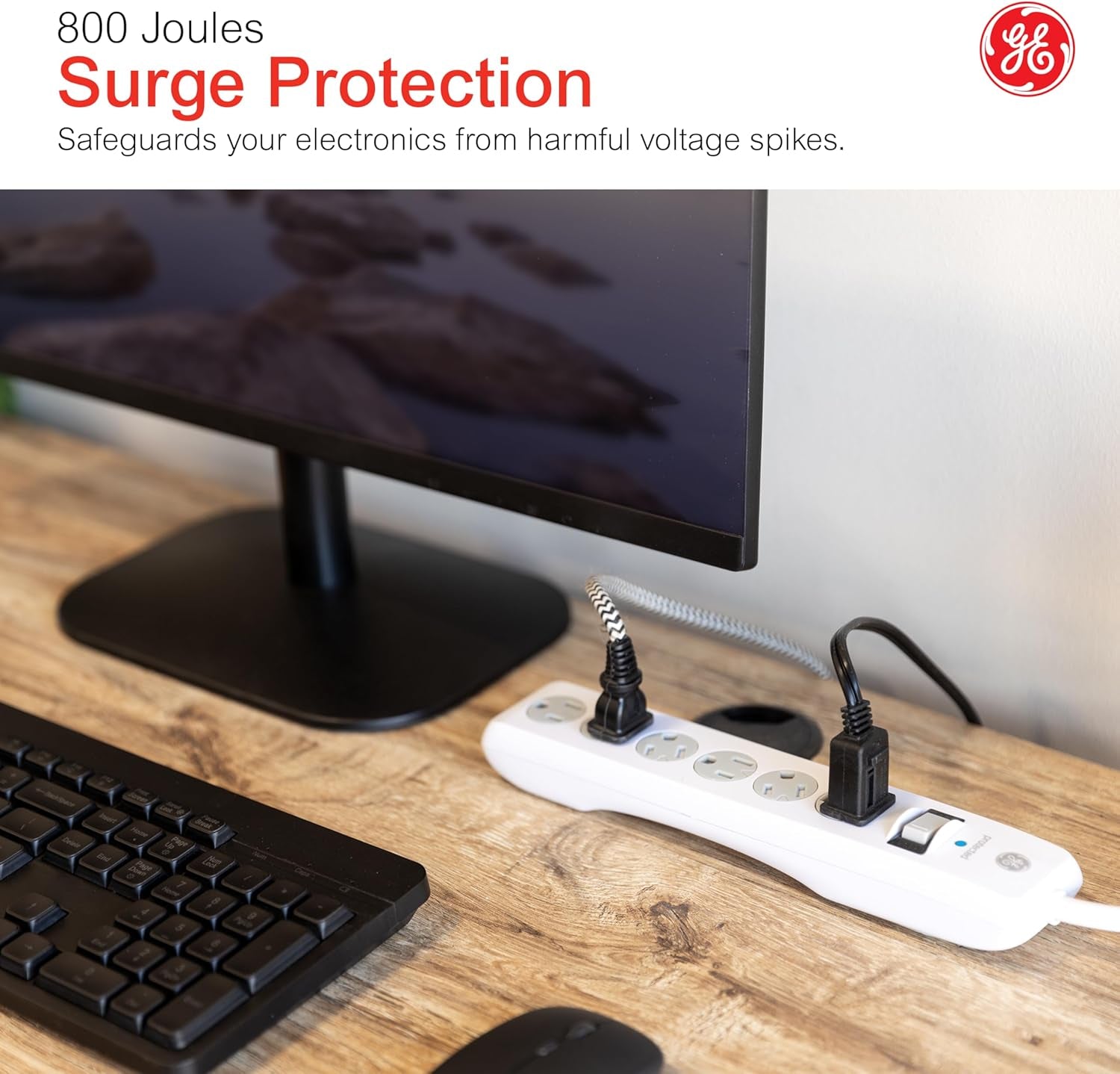 GE Surge Protector Power Strip, 6 Ft Extension Cord, 6 Outlet Extender, 800 Joules, Flat Plug, Twist-To-Close Safety Covers, ETL Listed, White, 67051