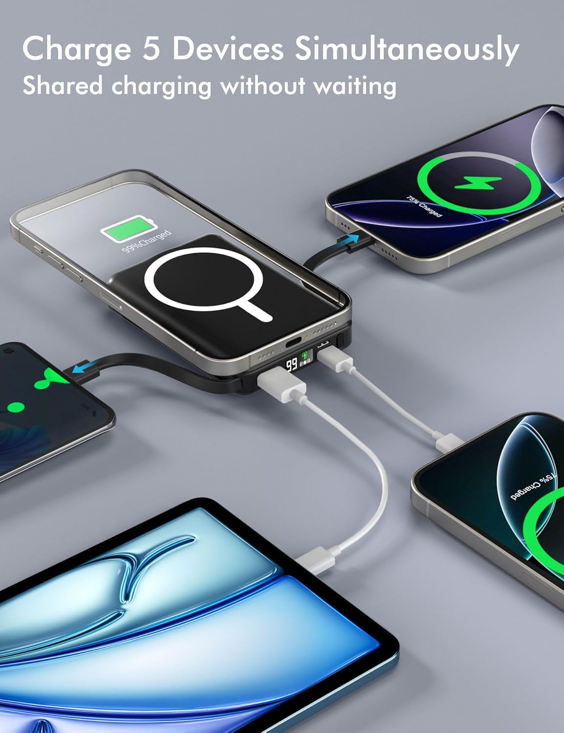 for Magsafe Battery Pack, 10000Mah Magnetic Power Bank Built-In Double USB C Cables 20W PD Fast Charging LED Display Wireless Portable Charger for Iphone 17/16/15/14/13/12 Series-Black