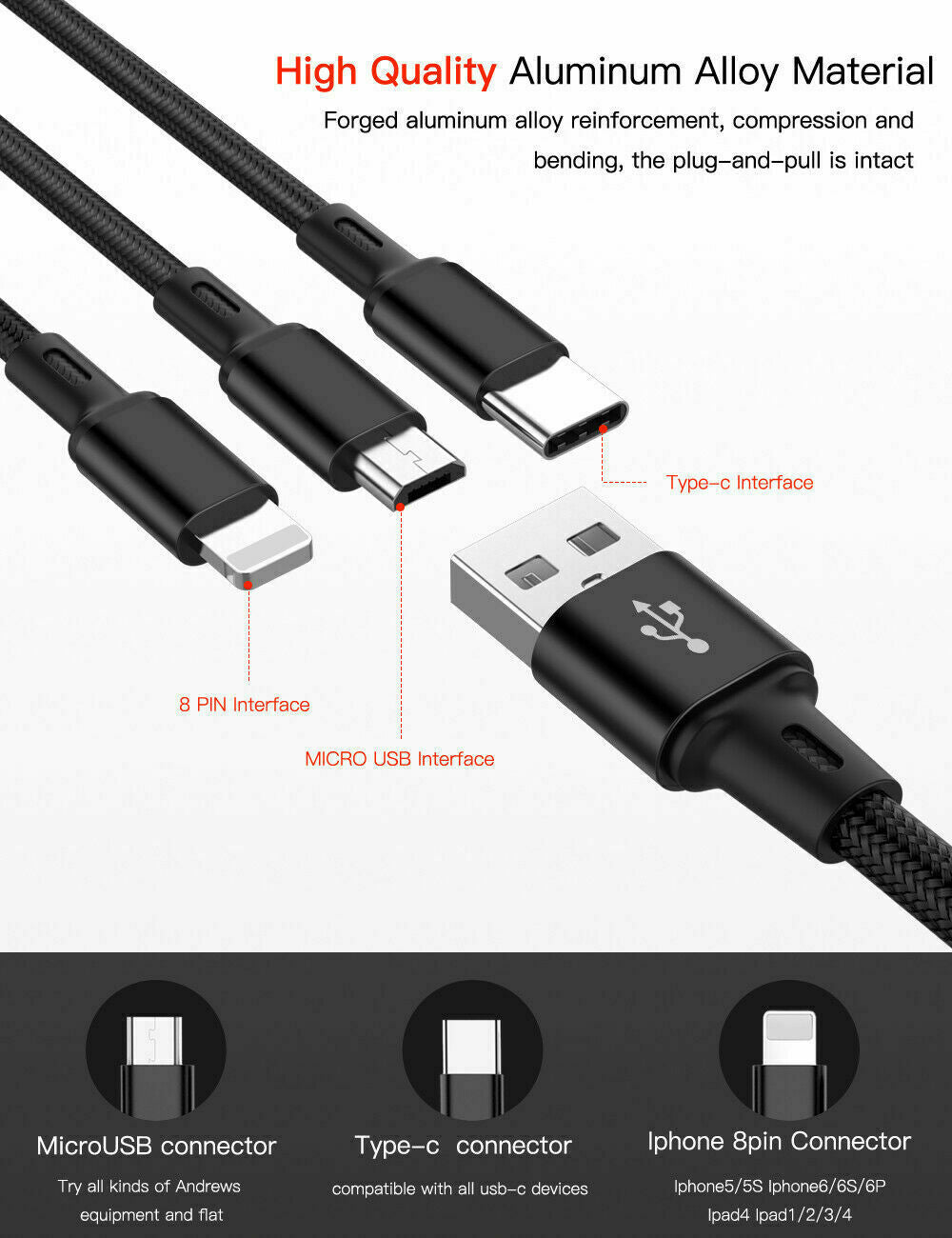 3 in 1 Fast USB Charging Cable Universal Multi Function Cell Phone Charger Cord
