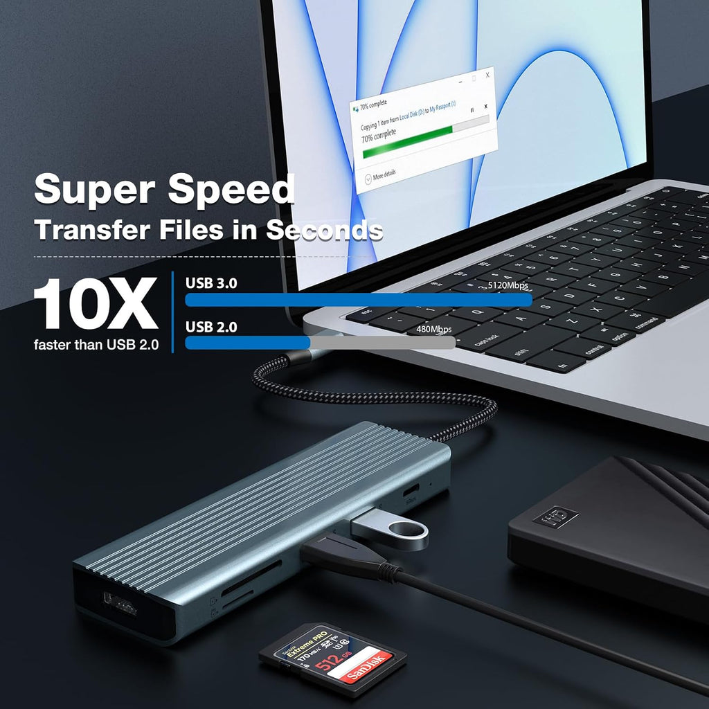 9 in 1 USB C Hub,  USB C Docking Station, 4K@30Hz HDMI, USB 3.0 X 3, USB C 3.0 Data, USB 2.0, 100W Power Delivery, SD/TF Card Reader, Compatible with Laptop and Other Type C Devices
