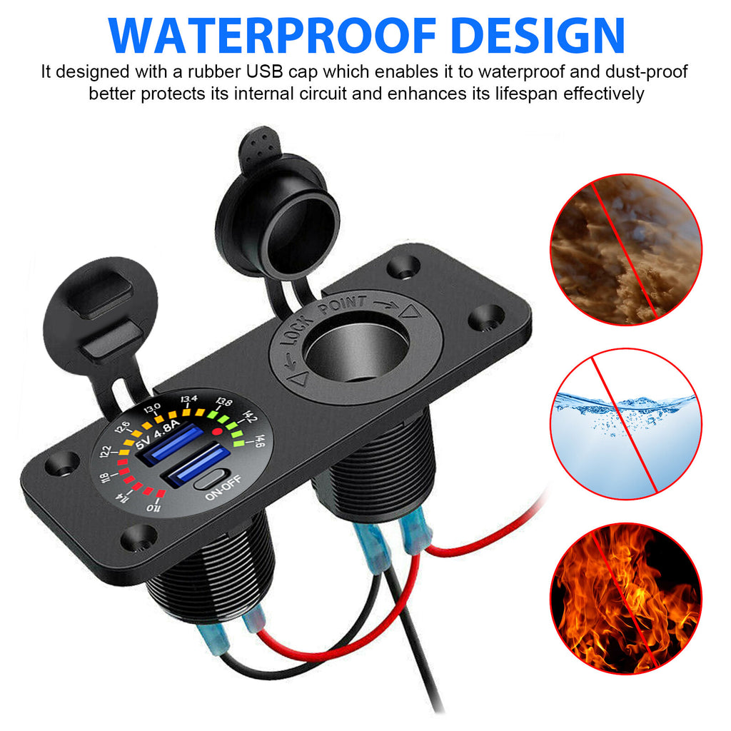 12V/24V Dual USB Car Fast Charger Socket Power Outlet Voltmeter Boat Marine RV
