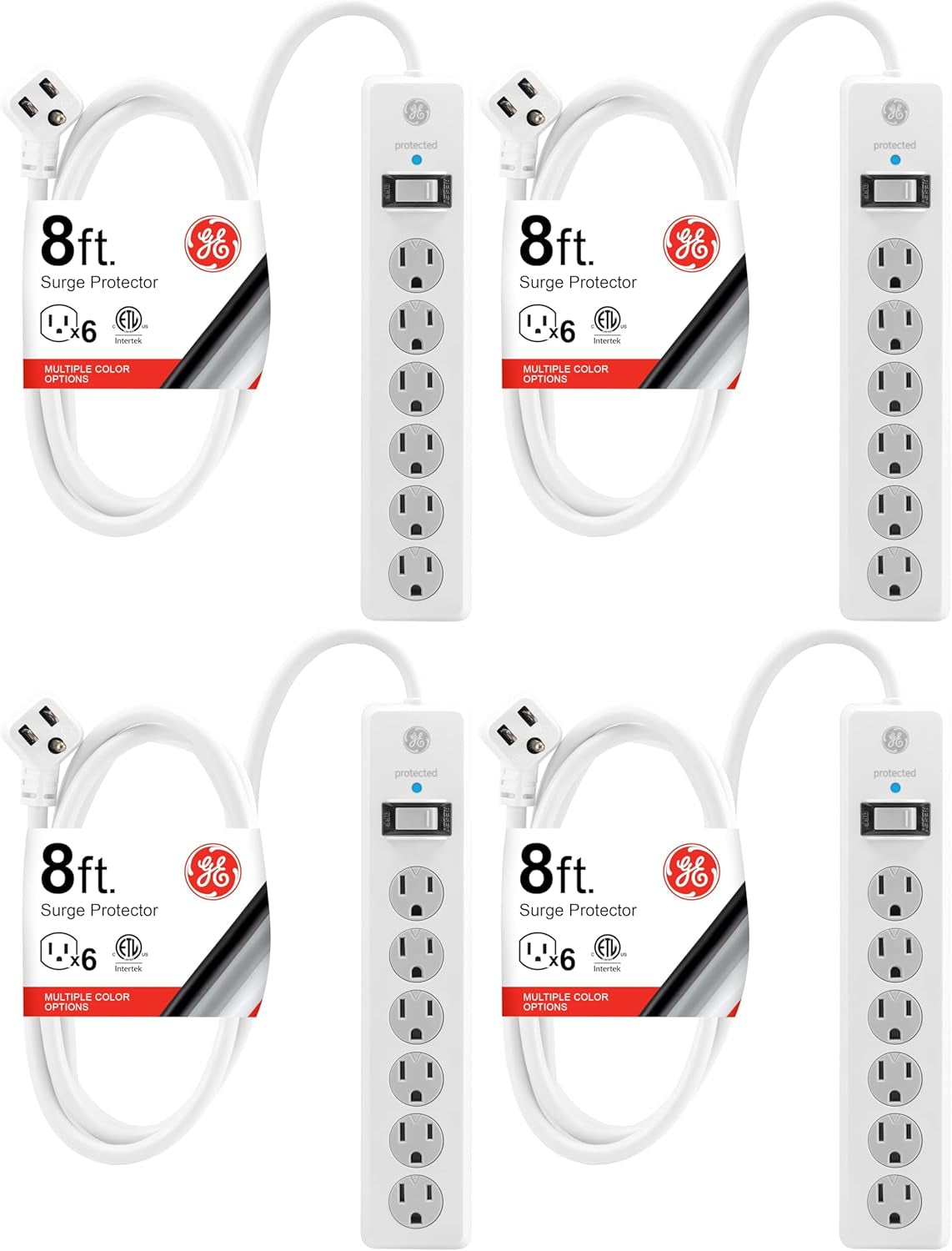 GE Surge Protector Power Strip,8 Ft Extension Cord,6 Outlet Extender,800 Joules,Flat Plug,Twist-To-Close Safety Covers,Etl Listed,White,67044,(Pack of 4)