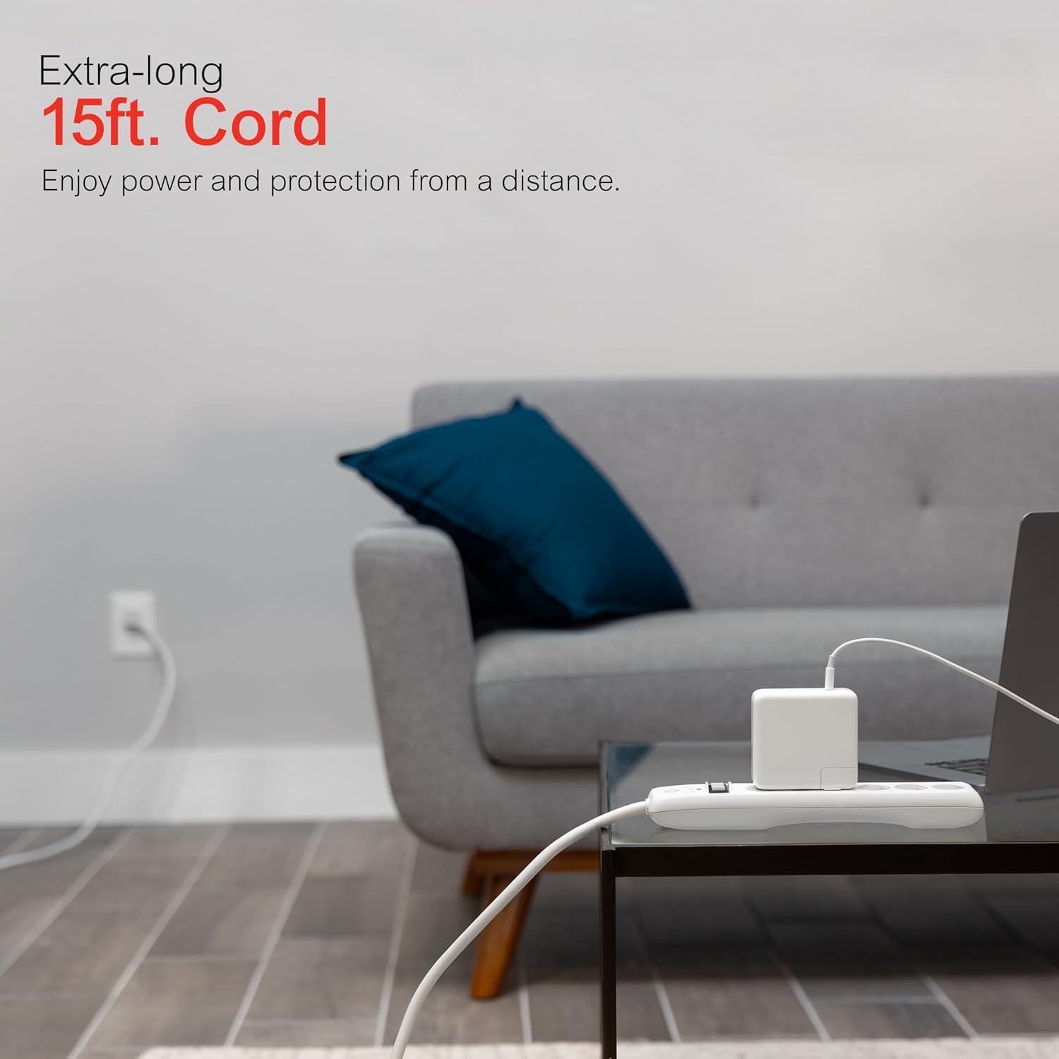 GE Surge Protector Power Strip, 15 Ft Extension Cord, 6 Outlet Extender | 800 Joules, Flat Plug, Twist-To-Close Safety Covers, ETL Listed, White, 50768