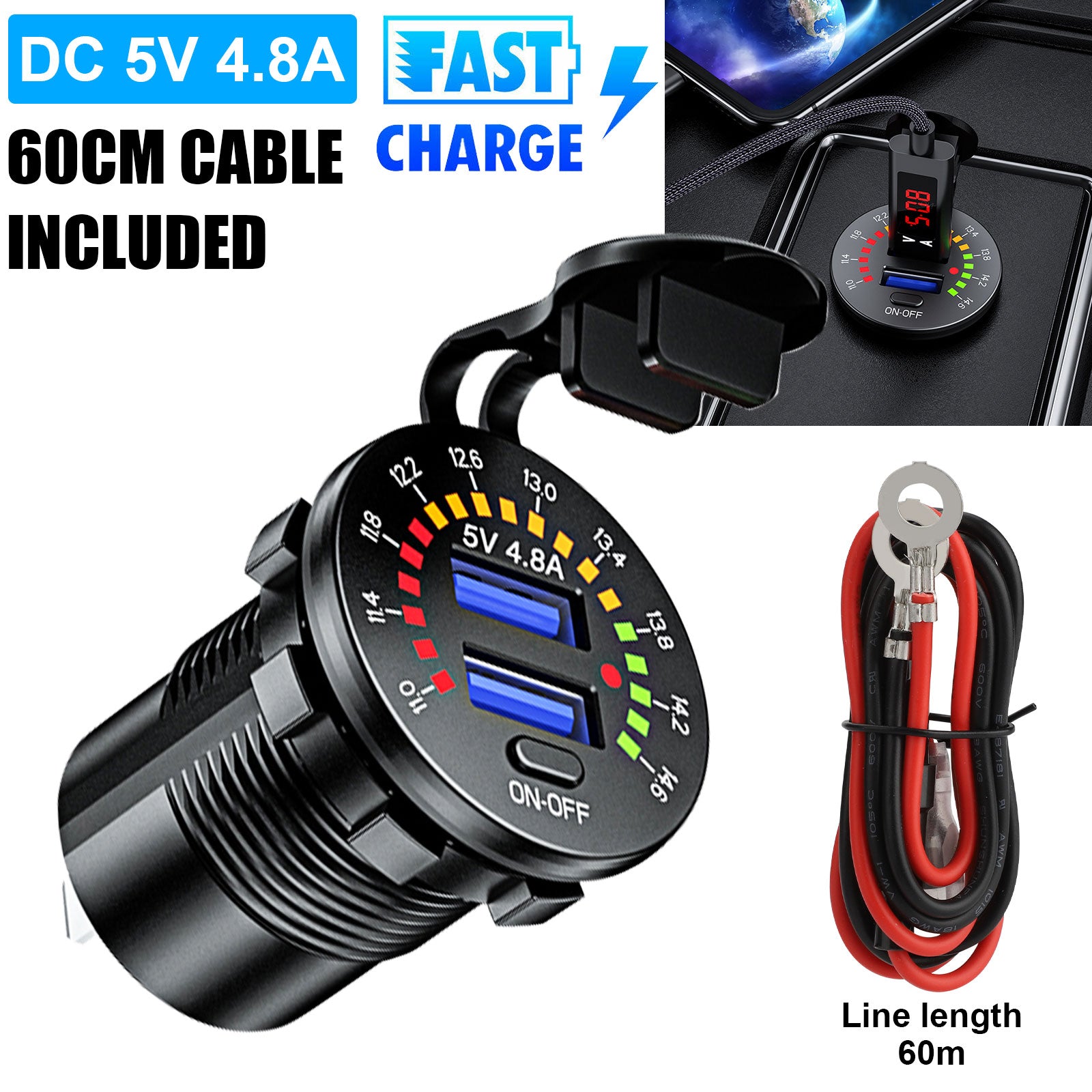 12V/24V Dual USB Car Fast Charger Socket Power Outlet Voltmeter Boat Marine RV