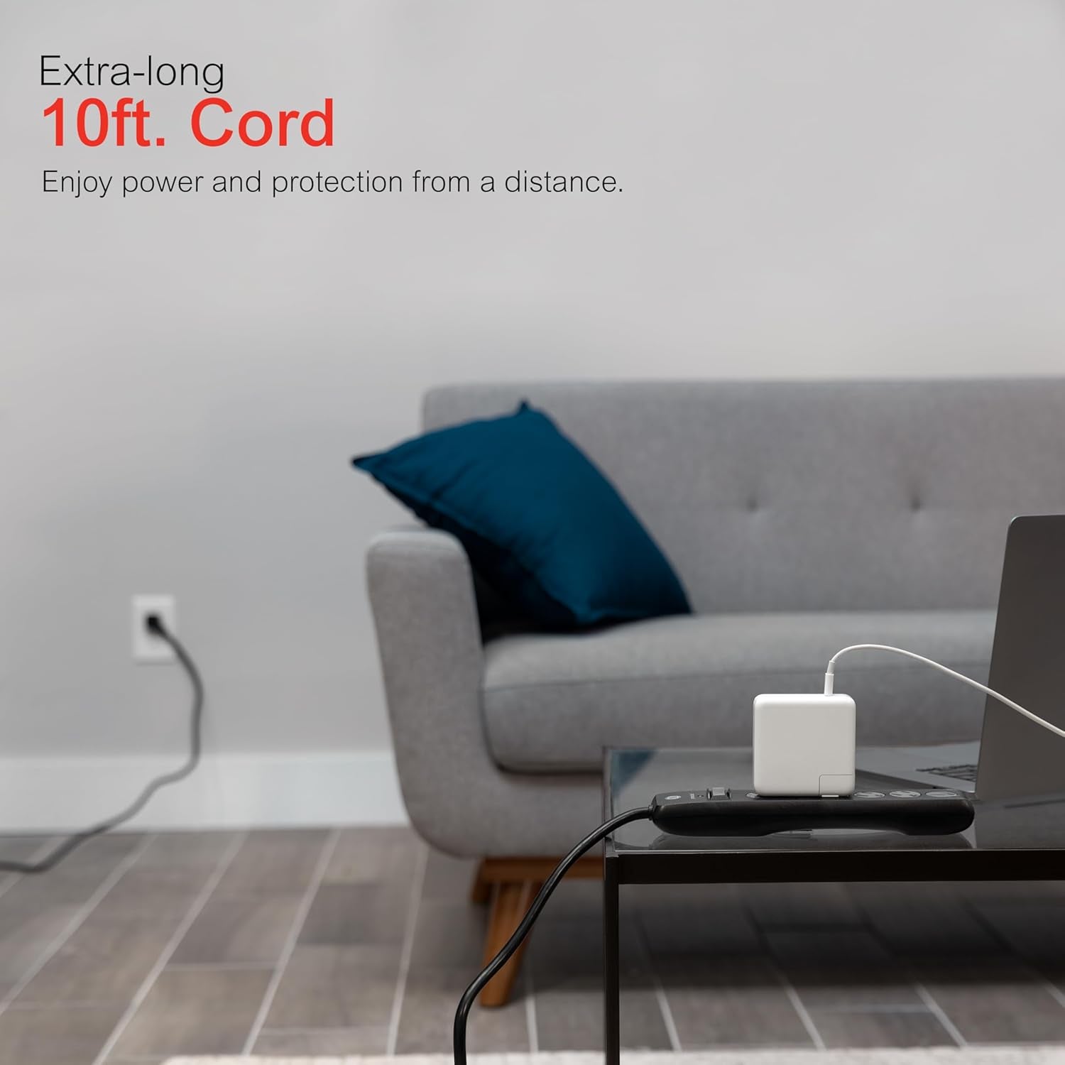 GE Surge Protector Power Strip, 10 Ft Extension Cord, 6 Outlet Extender | 800 Joules, Flat Plug, Wall Mount, Twist-To-Close Safety Covers, ETL Safety Listed, Black, 37442