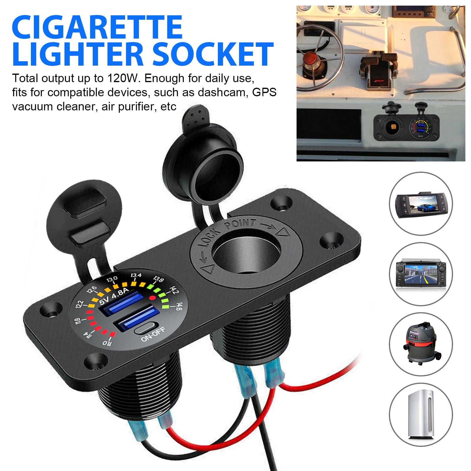 12V/24V Dual USB Car Fast Charger Socket Power Outlet Voltmeter Boat Marine RV