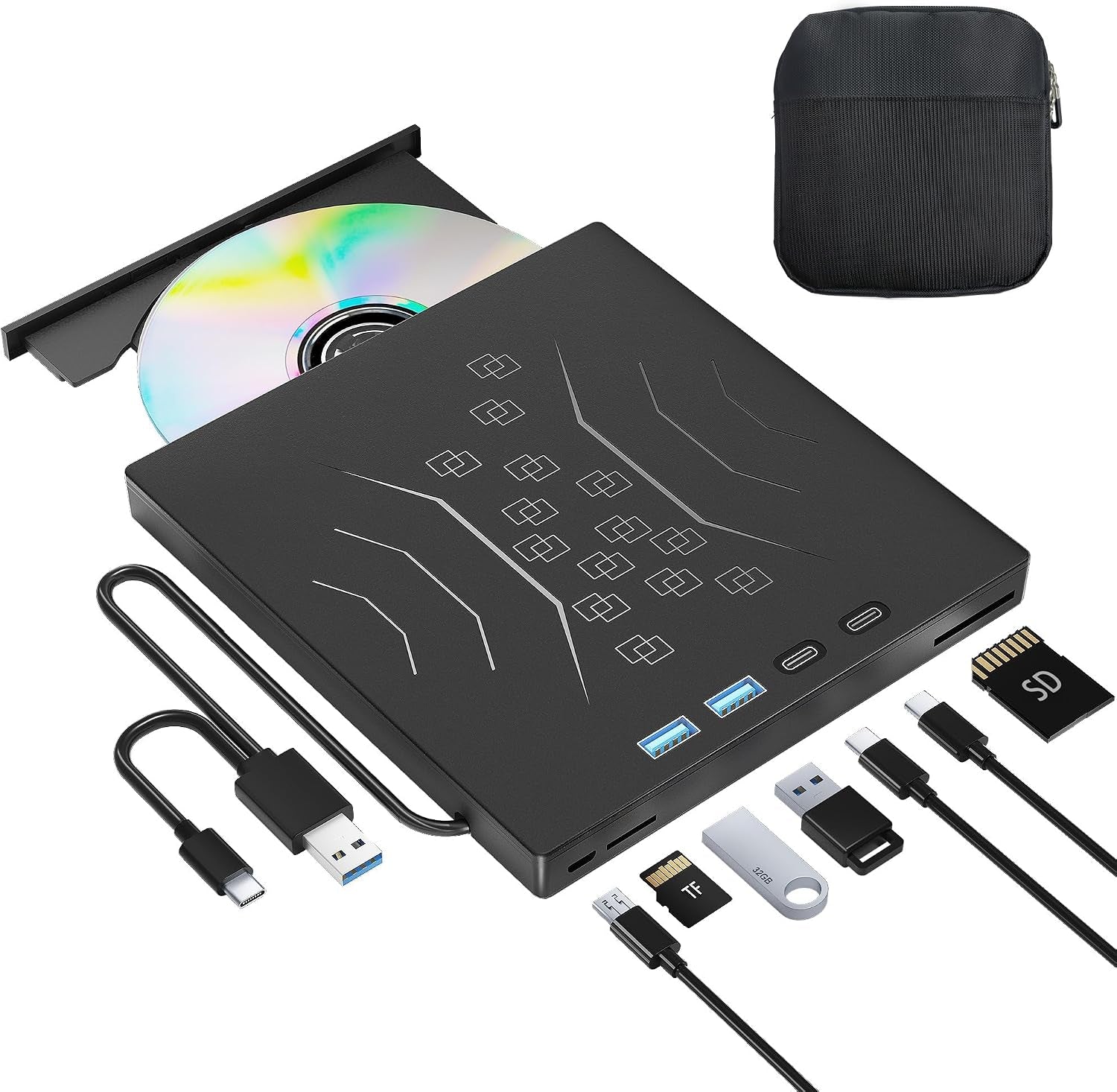 7 in 1 External CD/DVD Drive for Laptop, USB 3.0 & Type-C & 2 TF/SD | Portable CD DVD +/-RW Disk Drive, DVD Player Burner Reader Writer for Laptop Desktop PC Windows 11/10/8/7/XP Mac Linux (Bag)