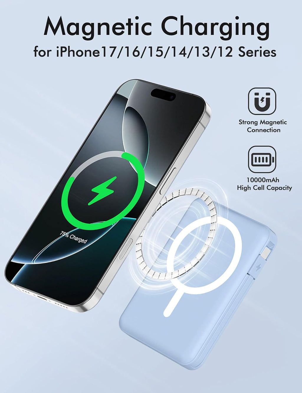 for Magsafe Battery Pack, 10000Mah Magnetic Power Bank Built-In Double USB C Cables 20W PD Fast Charging LED Display Wireless Portable Charger for Iphone 17/16/15/14/13/12 Series-Sierra Blue
