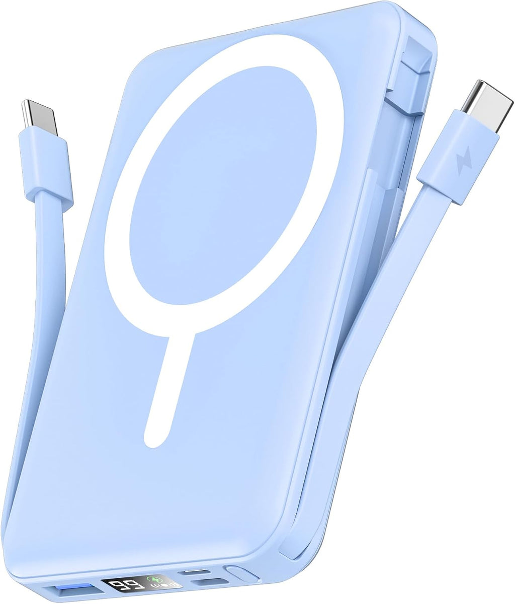 for Magsafe Battery Pack, 10000Mah Magnetic Power Bank Built-In Double USB C Cables 20W PD Fast Charging LED Display Wireless Portable Charger for Iphone 17/16/15/14/13/12 Series-Sierra Blue