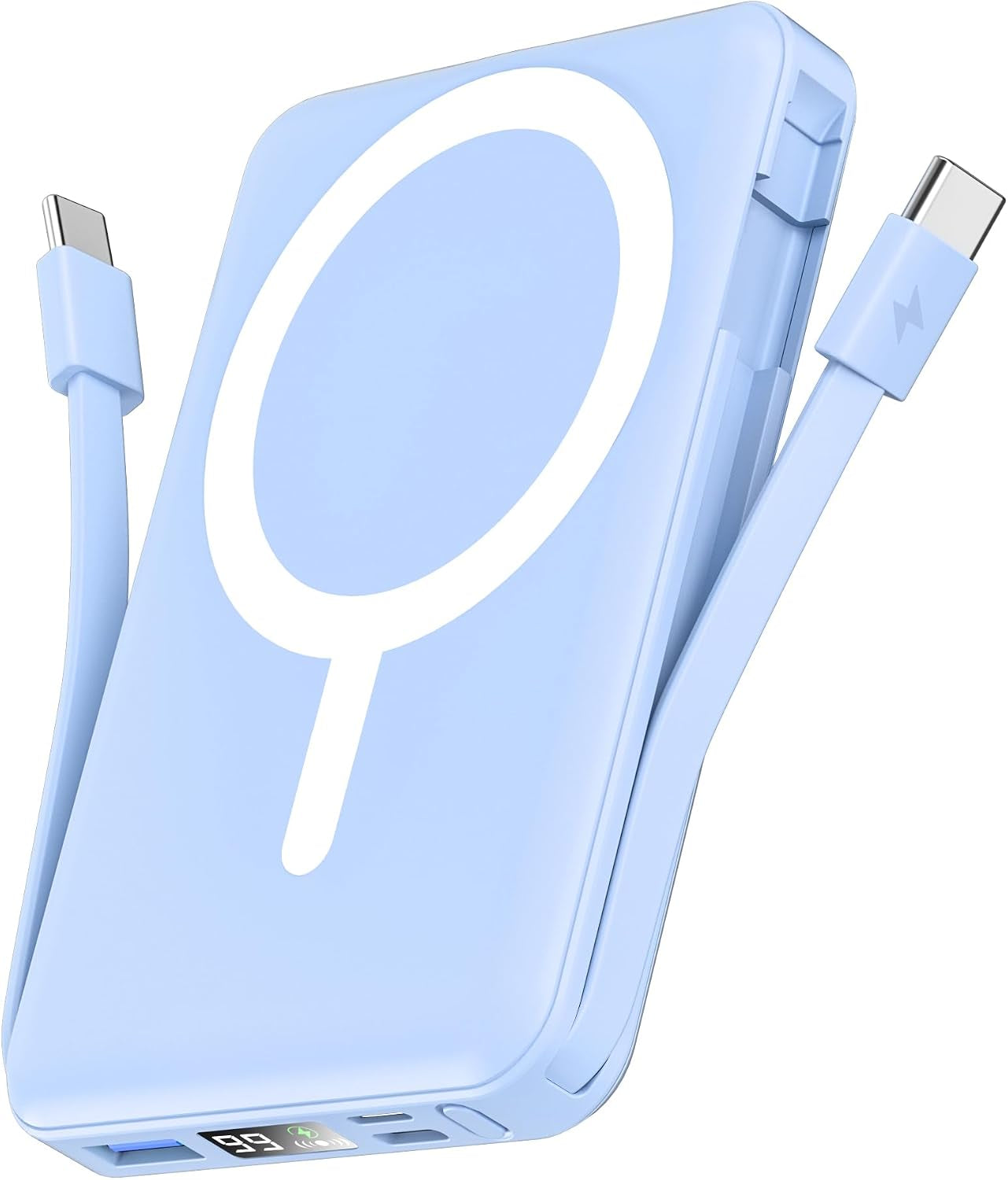 for Magsafe Battery Pack, 10000Mah Magnetic Power Bank Built-In Double USB C Cables 20W PD Fast Charging LED Display Wireless Portable Charger for Iphone 17/16/15/14/13/12 Series-Sierra Blue