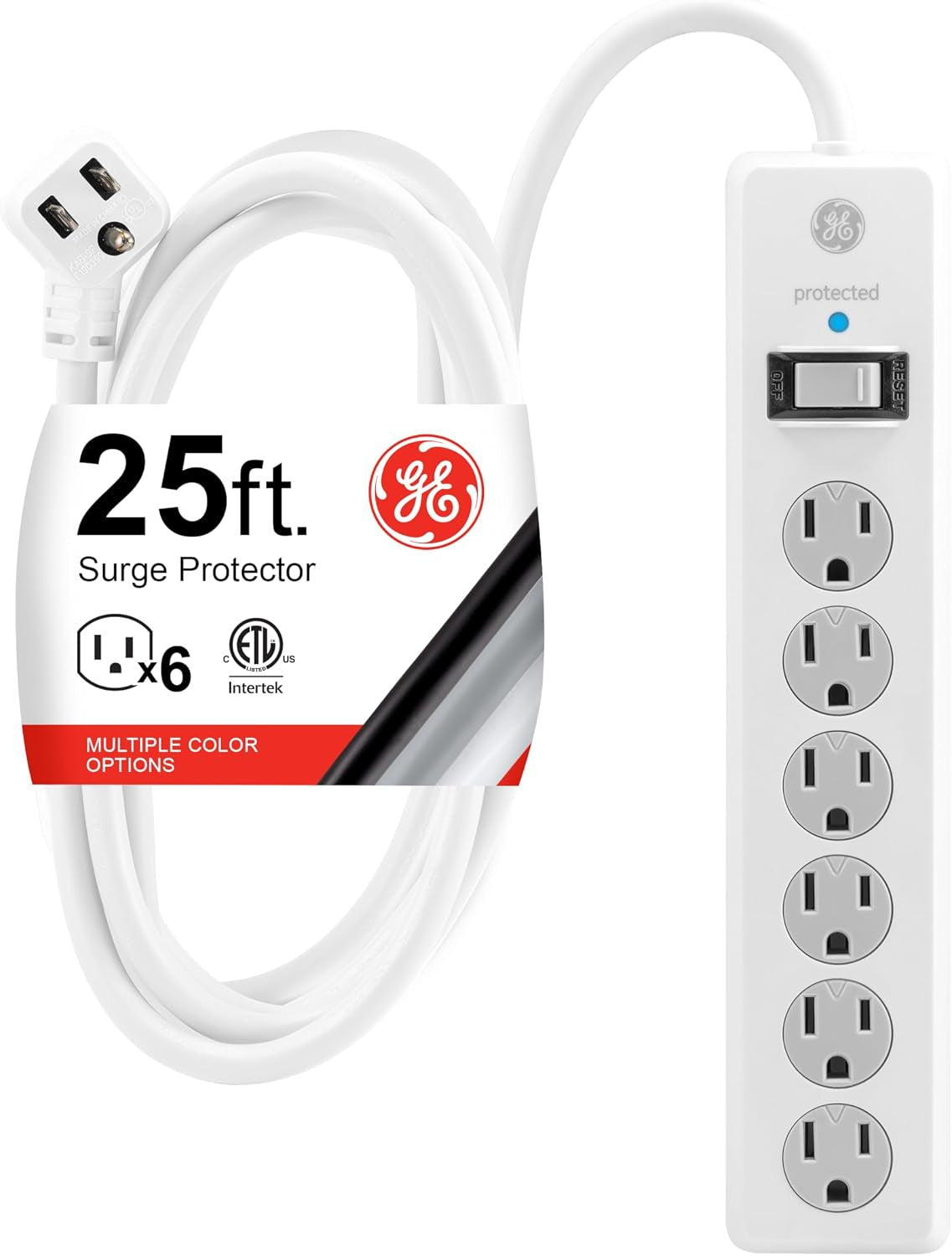 GE Surge Protector Power Strip, 25 Ft Extension Cord, 6 Outlet Extender, 800 Joules, Flat Plug, Twist-To-Close Safety Covers, ETL Listed, White, 61291