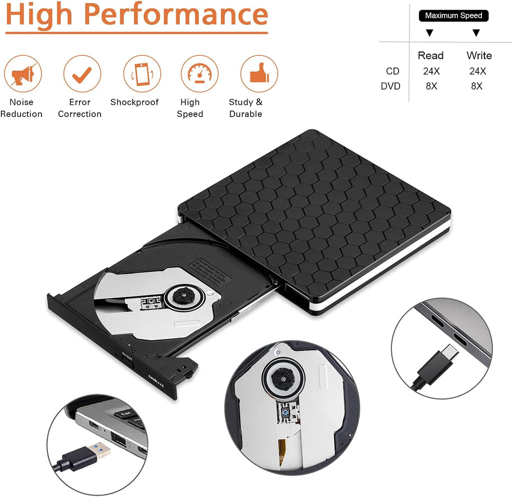 External DVD Drive,Usb 3.0 Type-C CD DVD +/-RW Optical Drive USB C Burner Slim CD/DVD ROM Rewriter Writer Reader Portable for PC Laptop Desktop Macbook Mac Windows 7/8.1/10 Linux OS Apple