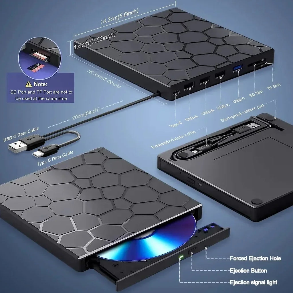 Portable DVD Player 7 in 1 External CD/DVD Drive USB 3.0 Type C CD Burner External Disk Drive for Desktop Mac Windows Linux