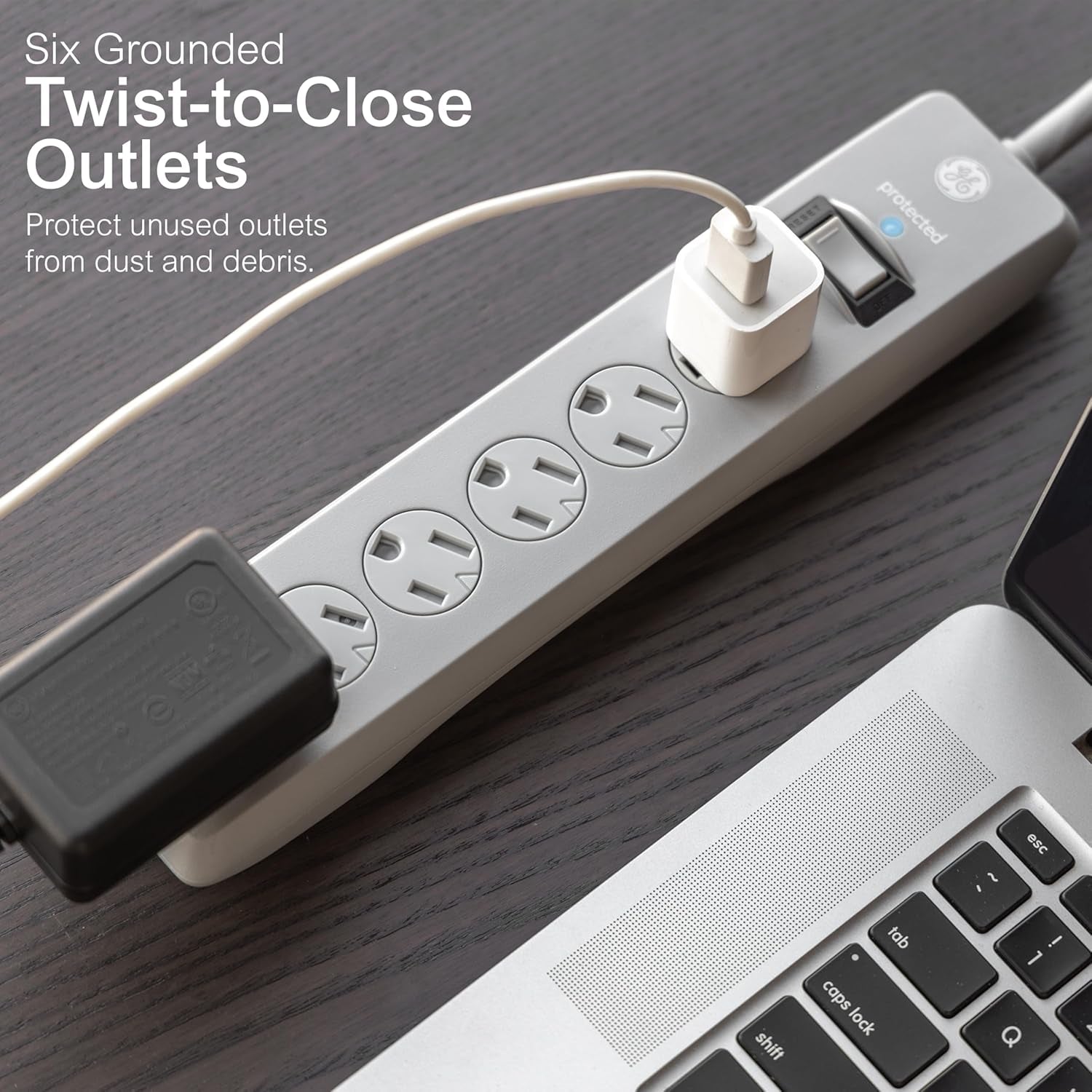 GE Surge Protector Power Strip, 15 Ft Extension Cord, 6 Outlet Extender, 800 Joules, Flat Plug, Twist-To-Close Safety Covers, UL Listed, Gray, 62457
