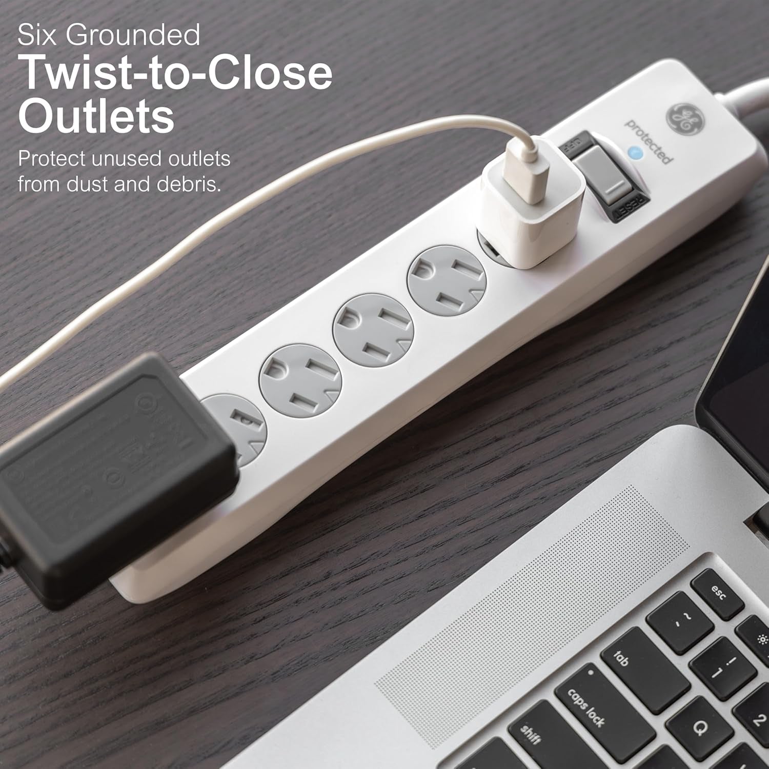GE Surge Protector Power Strip,8 Ft Extension Cord,6 Outlet Extender,800 Joules,Flat Plug,Twist-To-Close Safety Covers,Etl Listed,White,67044,(Pack of 4)