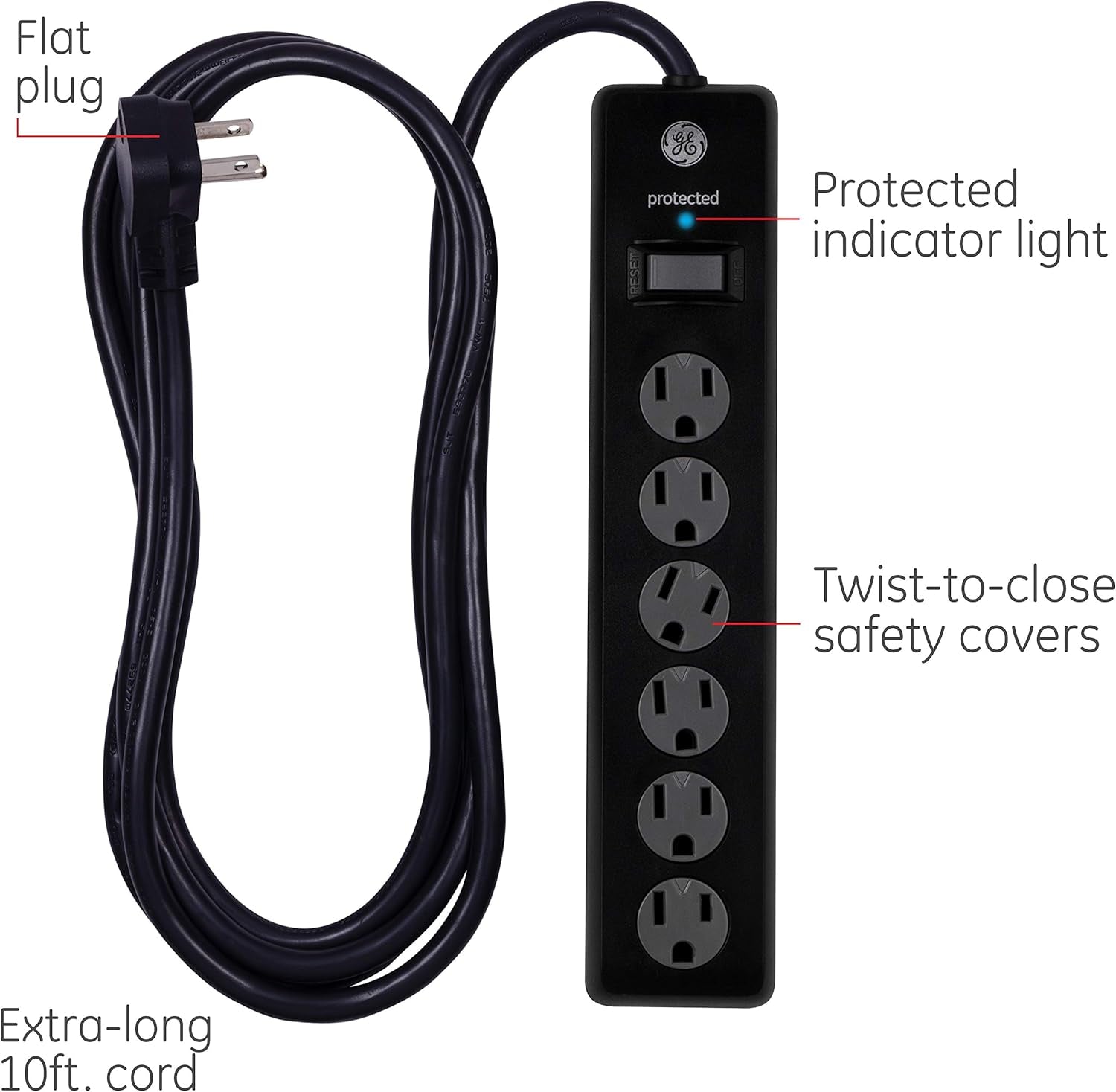 GE Surge Protector Power Strip, 10 Ft Extension Cord, 6 Outlet Extender | 800 Joules, Flat Plug, Wall Mount, Twist-To-Close Safety Covers, ETL Safety Listed, Black, 37442