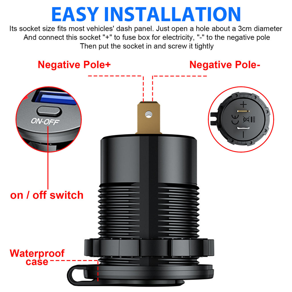 12V/24V Dual USB Car Fast Charger Socket Power Outlet Voltmeter Boat Marine RV