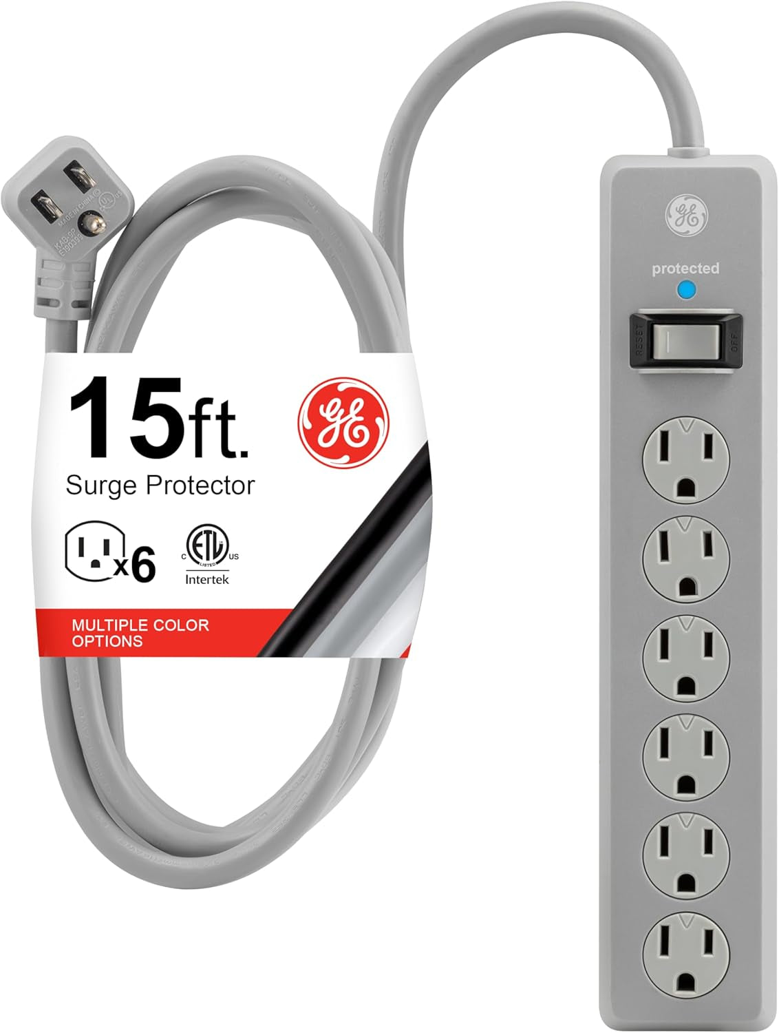GE Surge Protector Power Strip, 15 Ft Extension Cord, 6 Outlet Extender, 800 Joules, Flat Plug, Twist-To-Close Safety Covers, UL Listed, Gray, 62457