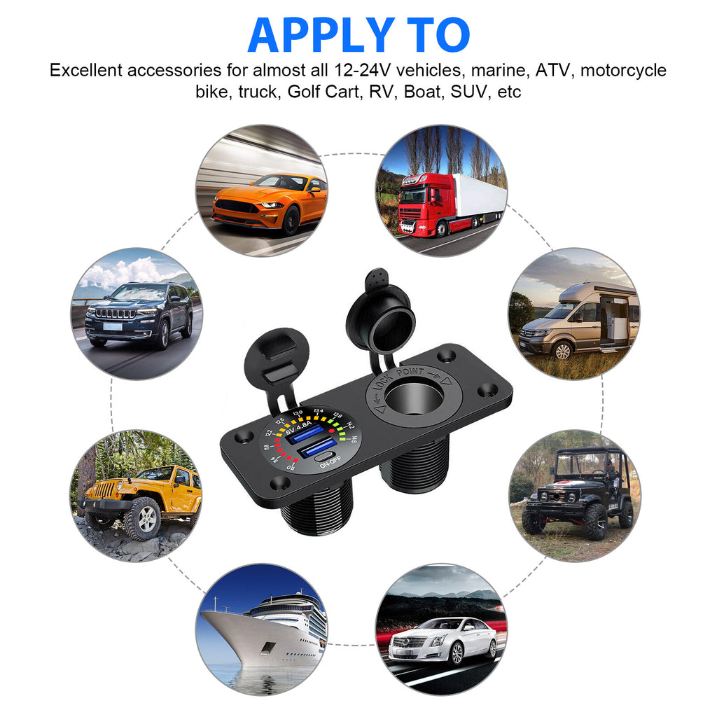 12V/24V Dual USB Car Fast Charger Socket Power Outlet Voltmeter Boat Marine RV