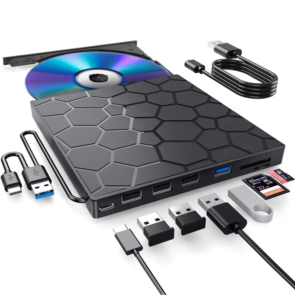 Portable DVD Player 7 in 1 External CD/DVD Drive USB 3.0 Type C CD Burner External Disk Drive for Desktop Mac Windows Linux