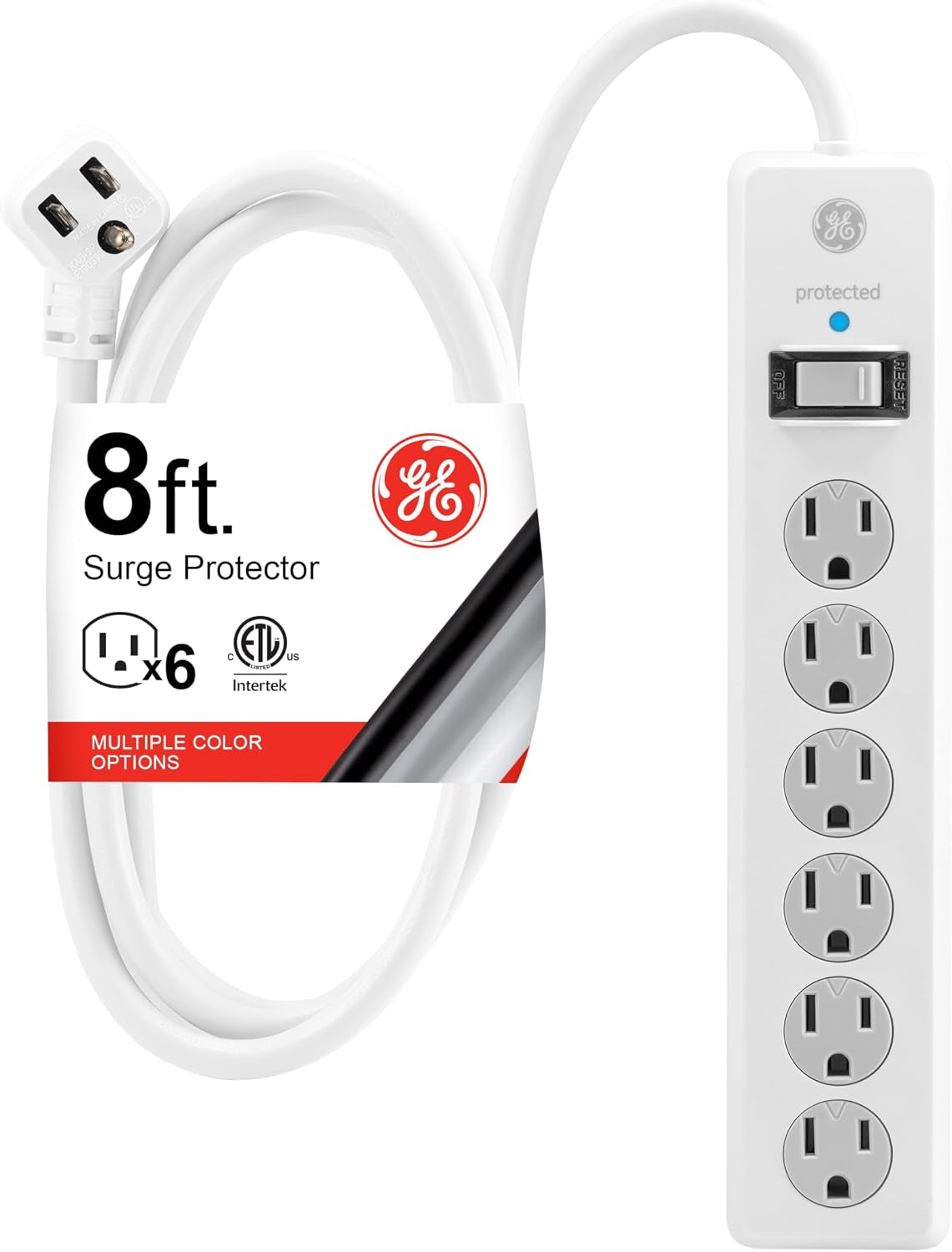 GE Surge Protector Power Strip, 8 Ft Extension Cord, 6 Outlet Extender | 800 Joules, Flat Plug, Wall Mount, Twist-To-Close Safety Covers, ETL Safety Listed, White, 67044