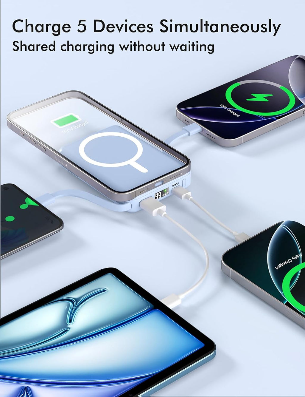 for Magsafe Battery Pack, 10000Mah Magnetic Power Bank Built-In Double USB C Cables 20W PD Fast Charging LED Display Wireless Portable Charger for Iphone 17/16/15/14/13/12 Series-Sierra Blue