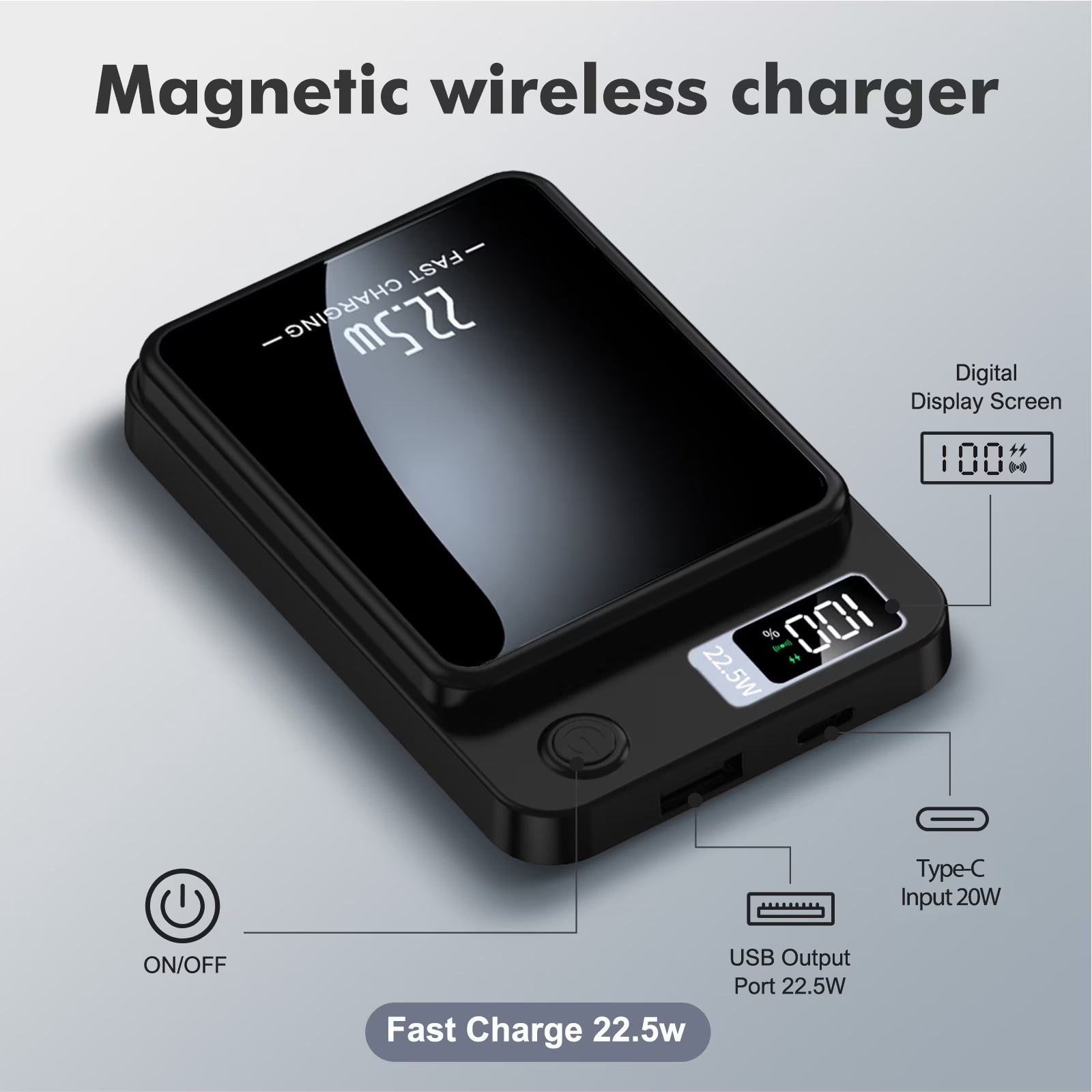 Power Bank,10000Mah Wireless Portable Charger with LED Power Display,22.5W Magnetic Power Bank Compatible with Iphone 8 and above Series,Black