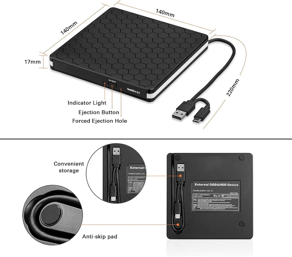 External DVD Drive,Usb 3.0 Type-C CD DVD +/-RW Optical Drive USB C Burner Slim CD/DVD ROM Rewriter Writer Reader Portable for PC Laptop Desktop Macbook Mac Windows 7/8.1/10 Linux OS Apple