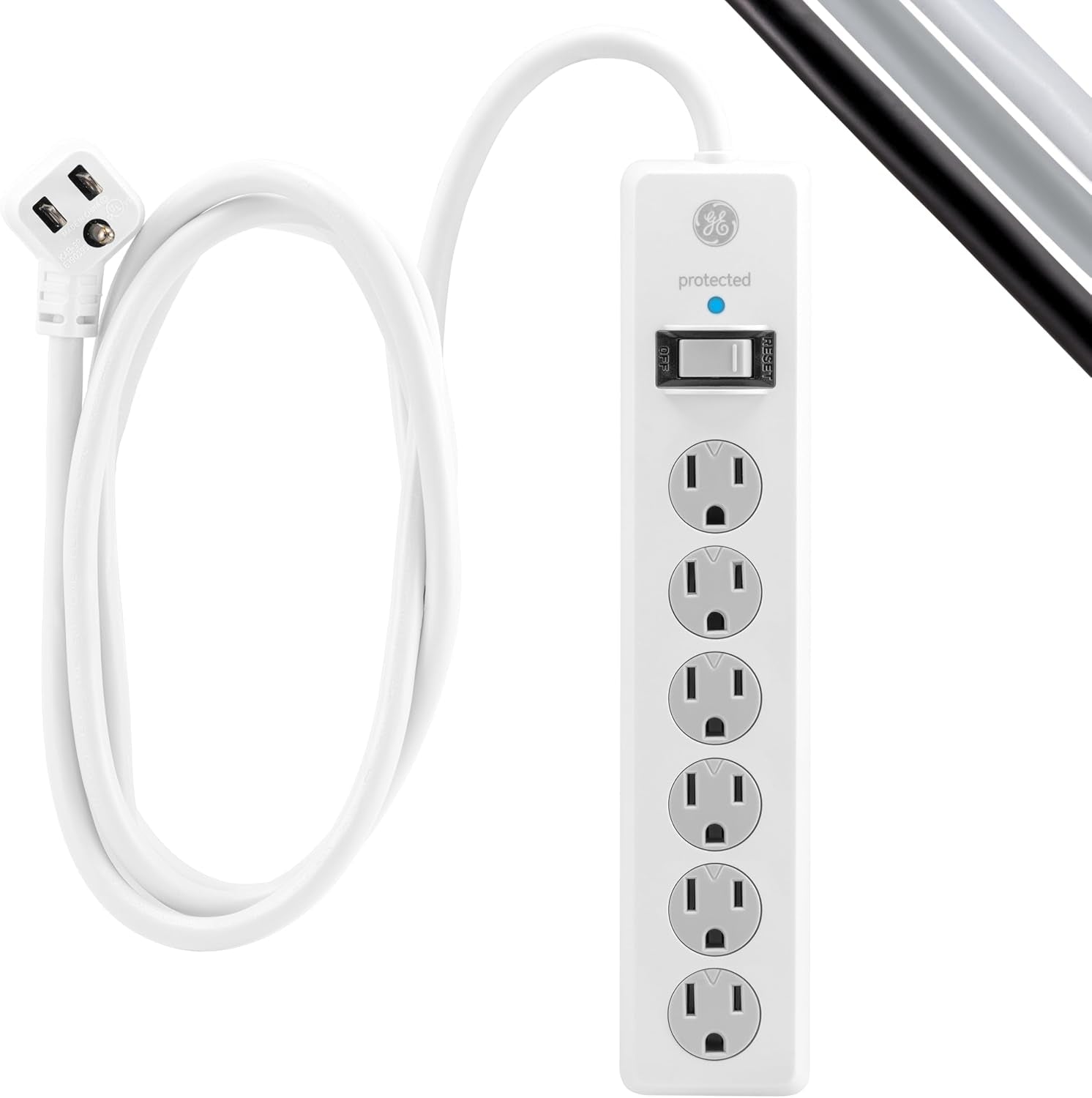 GE Surge Protector Power Strip,8 Ft Extension Cord,6 Outlet Extender,800 Joules,Flat Plug,Twist-To-Close Safety Covers,Etl Listed,White,67044,(Pack of 4)