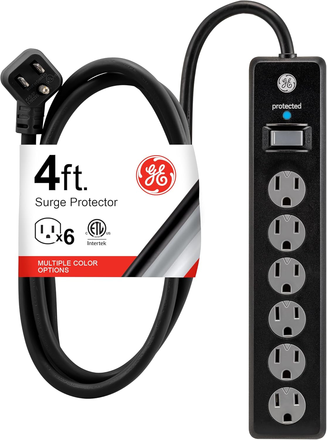 GE Surge Protector Power Strip, 4 Ft Extension Cord, 6 Outlet Extender | 800 Joules, Flat Plug, Wall Mount, Twist-To-Close Safety Covers, ETL Safety Listed, Black, 33659