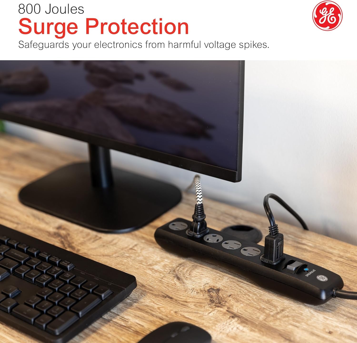 GE Surge Protector Power Strip, 4 Ft Extension Cord, 6 Outlet Extender | 800 Joules, Flat Plug, Wall Mount, Twist-To-Close Safety Covers, ETL Safety Listed, Black, 33659