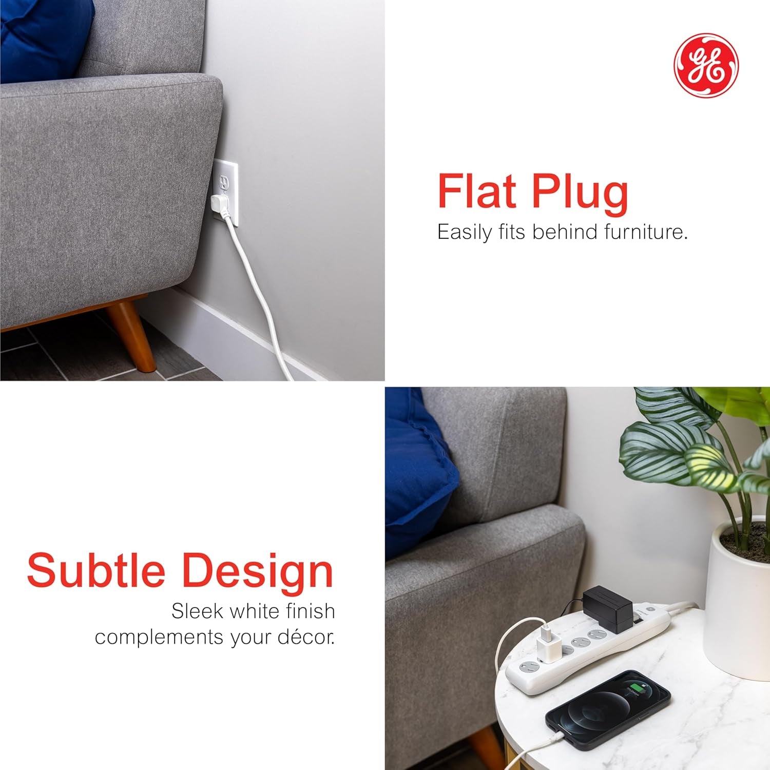 GE Surge Protector Power Strip, 15 Ft Extension Cord, 6 Outlet Extender | 800 Joules, Flat Plug, Twist-To-Close Safety Covers, ETL Listed, White, 50768