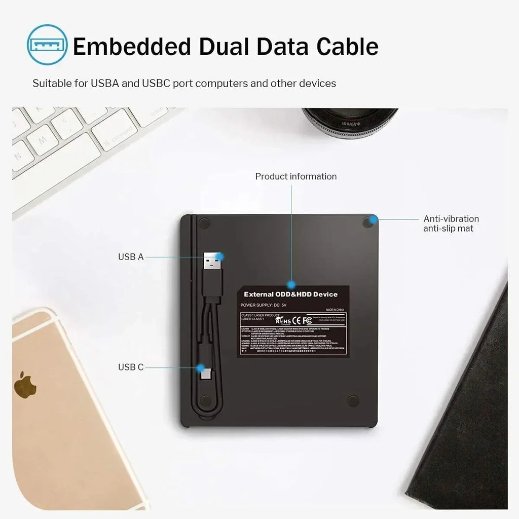 Portable DVD Player 7 in 1 External CD/DVD Drive USB 3.0 Type C CD Burner External Disk Drive for Desktop Mac Windows Linux