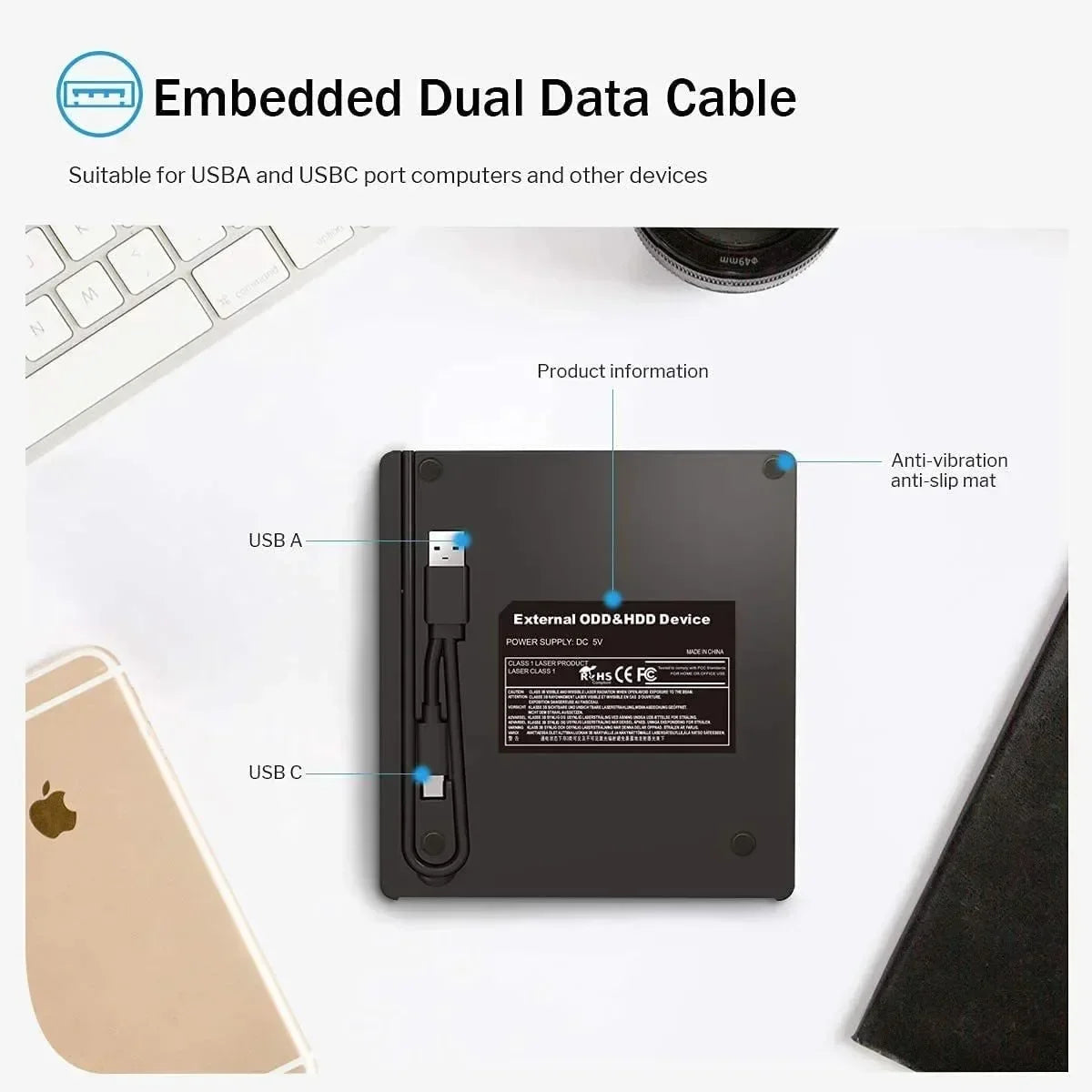 Portable DVD Player 7 in 1 External CD/DVD Drive USB 3.0 Type C CD Burner External Disk Drive for Desktop Mac Windows Linux