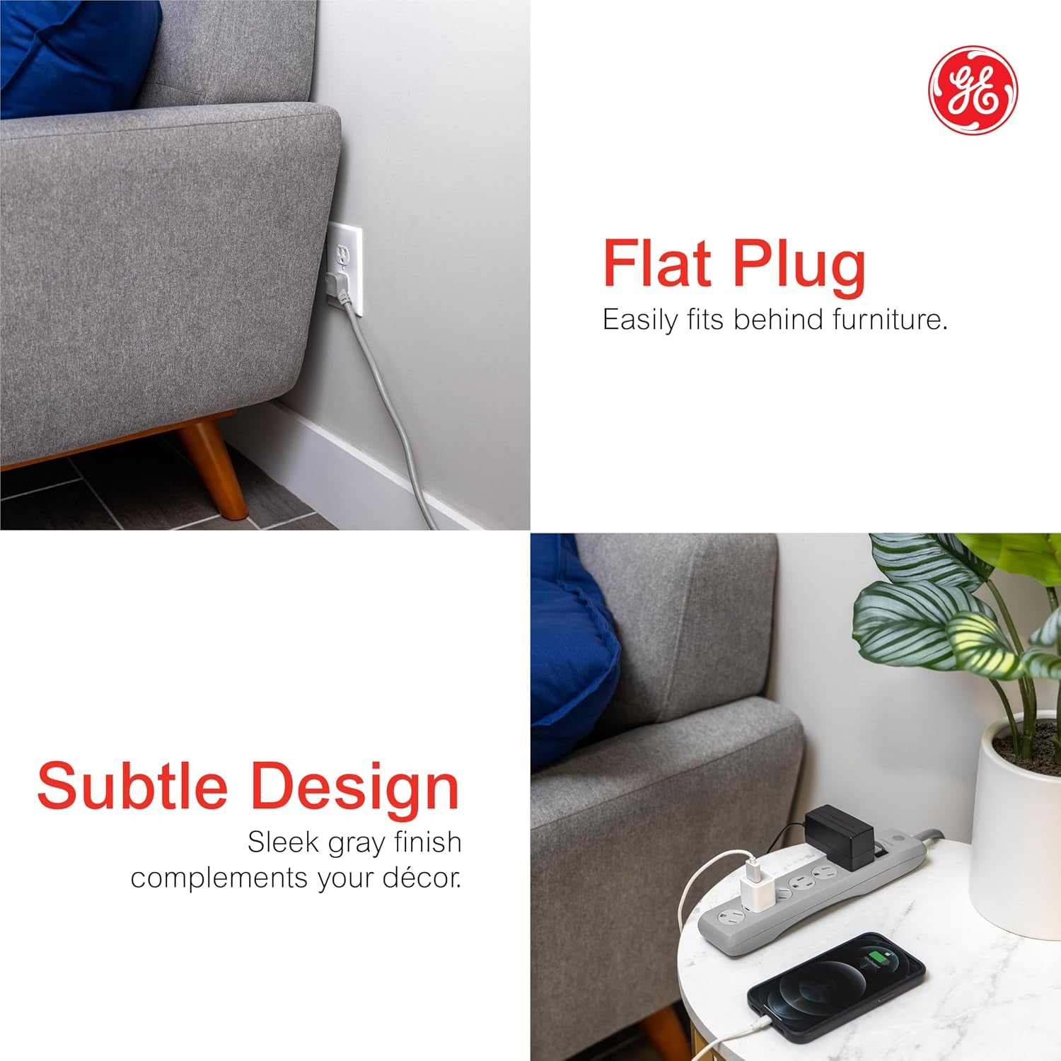 GE Surge Protector Power Strip, 15 Ft Extension Cord, 6 Outlet Extender, 800 Joules, Flat Plug, Twist-To-Close Safety Covers, UL Listed, Gray, 62457