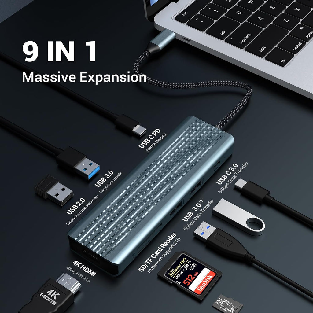 9 in 1 USB C Hub,  USB C Docking Station, 4K@30Hz HDMI, USB 3.0 X 3, USB C 3.0 Data, USB 2.0, 100W Power Delivery, SD/TF Card Reader, Compatible with Laptop and Other Type C Devices
