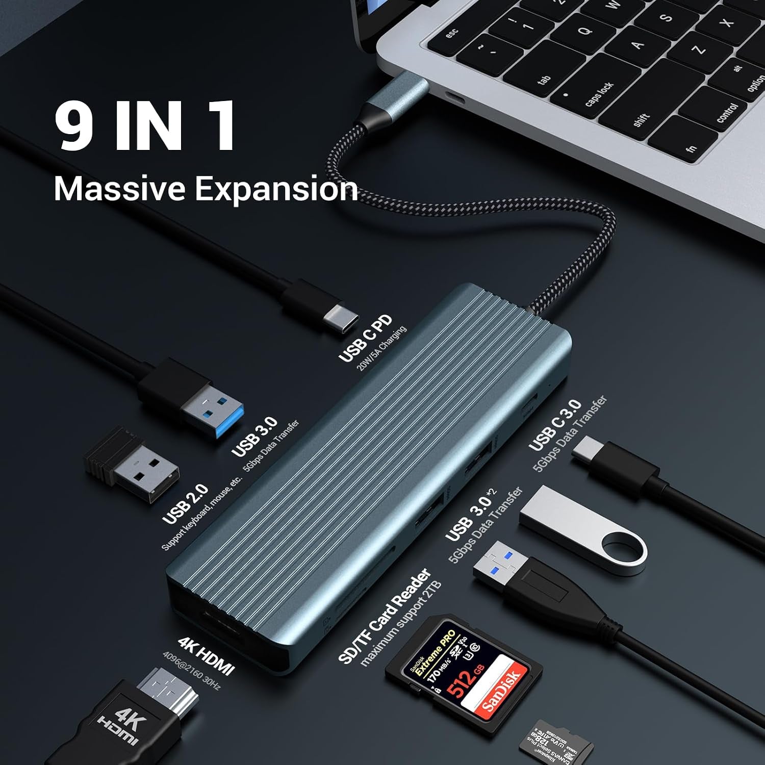 9 in 1 USB C Hub,  USB C Docking Station, 4K@30Hz HDMI, USB 3.0 X 3, USB C 3.0 Data, USB 2.0, 100W Power Delivery, SD/TF Card Reader, Compatible with Laptop and Other Type C Devices