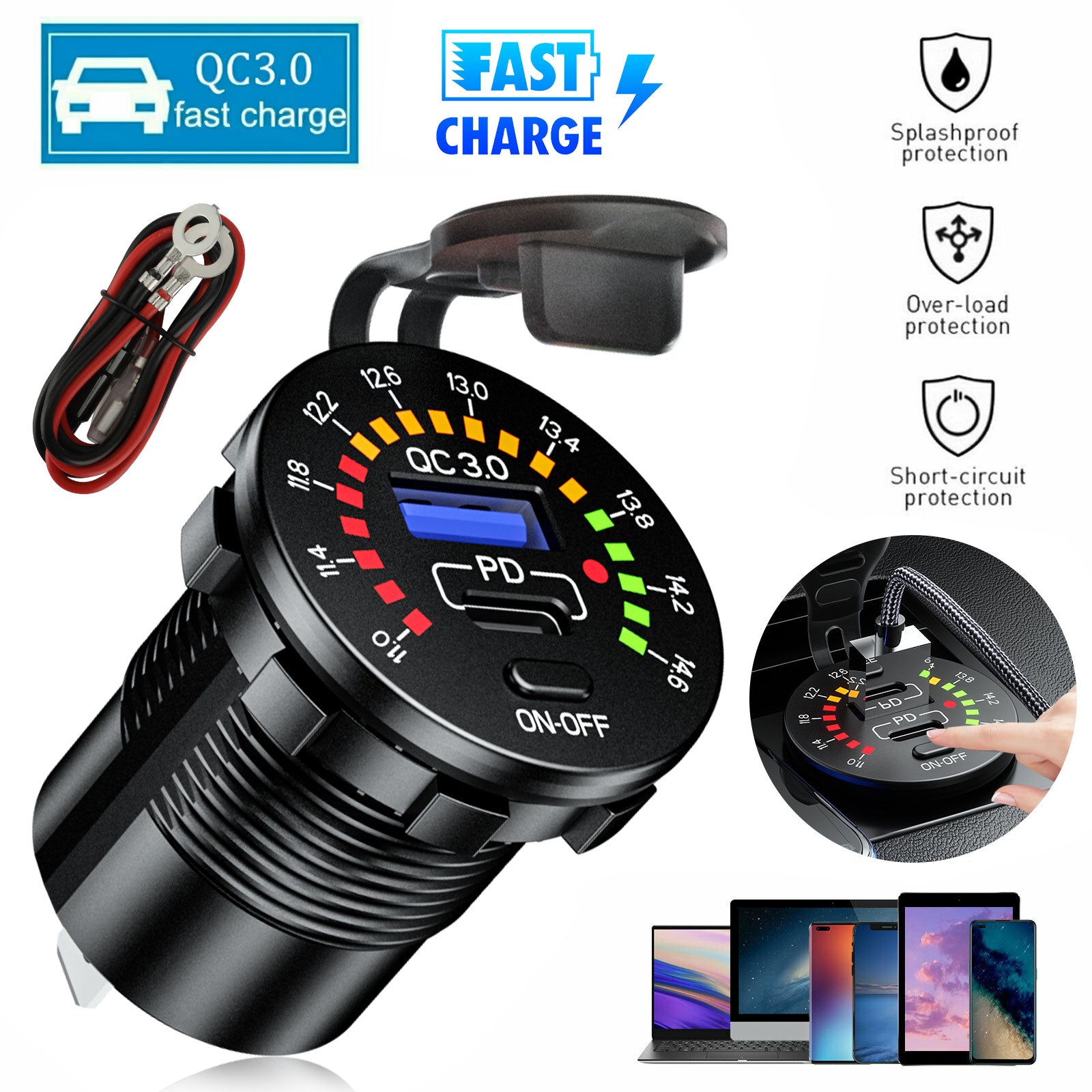 12V/24V Dual USB Car Fast Charger Socket Power Outlet Voltmeter Boat Marine RV