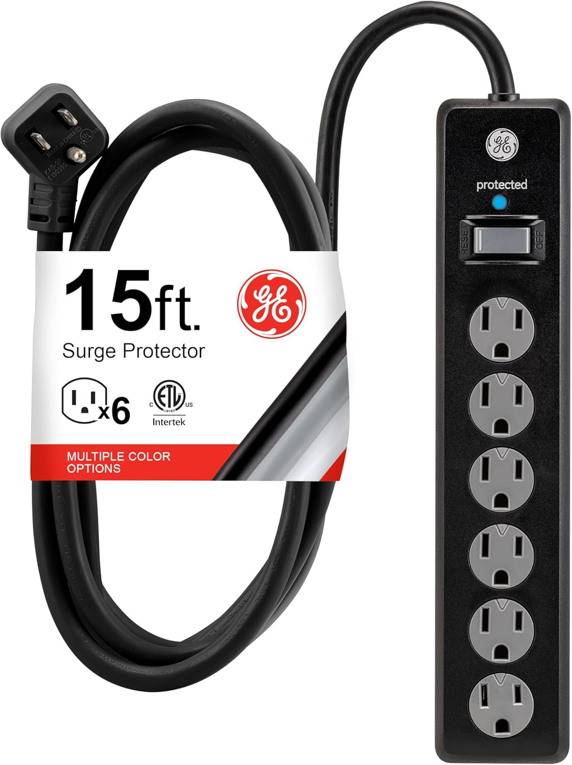 GE Surge Protector Power Strip, 15 Ft Extension Cord, 6 Outlet Extender | 800 Joules, Flat Plug, Twist-To-Close Safety Covers, ETL Listed, Black, 50767
