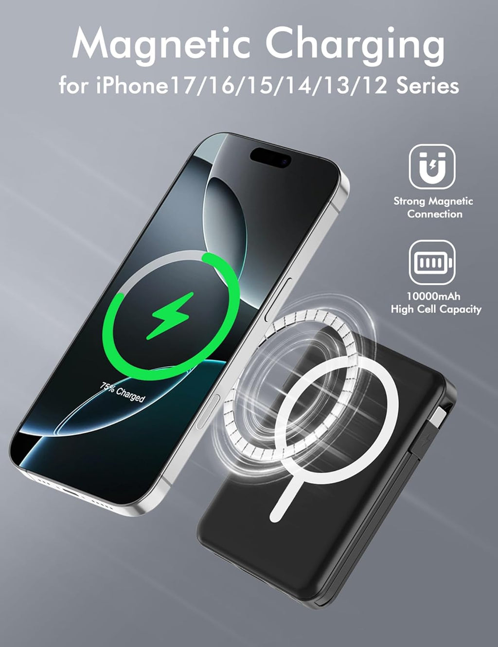 for Magsafe Battery Pack, 10000Mah Magnetic Power Bank Built-In Double USB C Cables 20W PD Fast Charging LED Display Wireless Portable Charger for Iphone 17/16/15/14/13/12 Series-Black