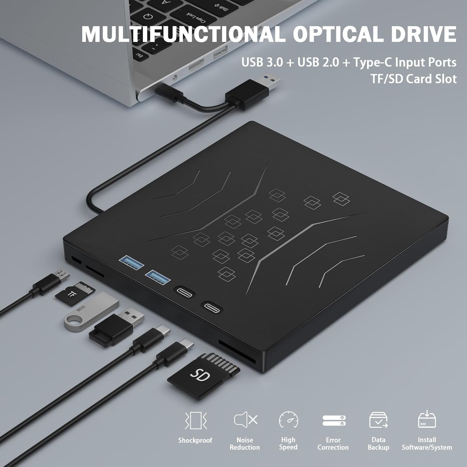 7 in 1 External CD/DVD Drive for Laptop, USB 3.0 & Type-C & 2 TF/SD | Portable CD DVD +/-RW Disk Drive, DVD Player Burner Reader Writer for Laptop Desktop PC Windows 11/10/8/7/XP Mac Linux (Bag)