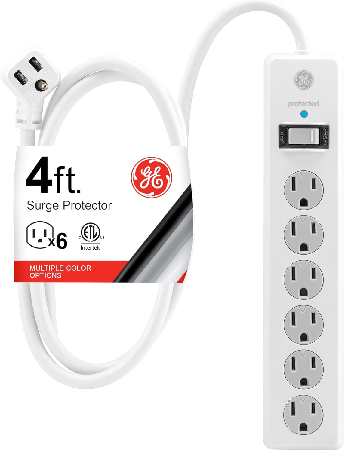 GE Surge Protector Power Strip, 4 Ft Extension Cord, 6 Outlet Extender | 800 Joules, Flat Plug, Wall Mount, Twist-To-Close Safety Covers, ETL Safety Listed, White, 33658