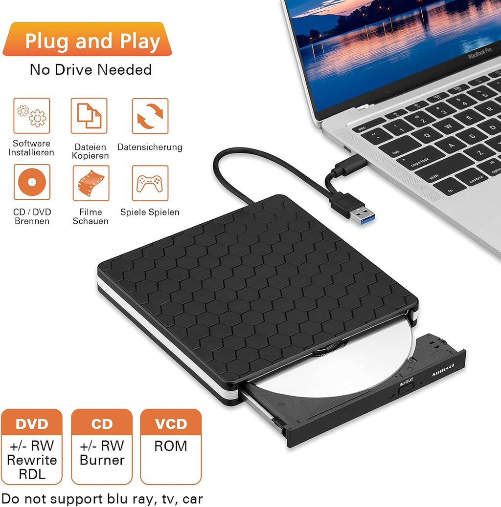 External DVD Drive,Usb 3.0 Type-C CD DVD +/-RW Optical Drive USB C Burner Slim CD/DVD ROM Rewriter Writer Reader Portable for PC Laptop Desktop Macbook Mac Windows 7/8.1/10 Linux OS Apple