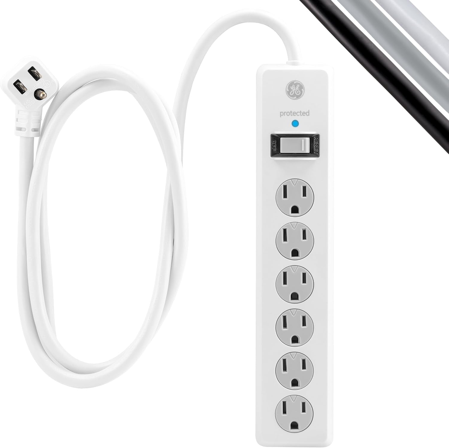 GE Surge Protector Power Strip,6 Ft Extension Cord,6 Outlet Extender,800 Joules,Flat Plug,Twist-To-Close Safety Covers,Etl Listed,White,67051,(Pack of 10)
