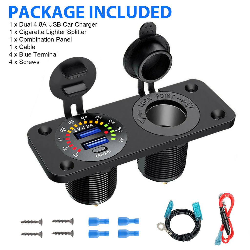 12V/24V Dual USB Car Fast Charger Socket Power Outlet Voltmeter Boat Marine RV