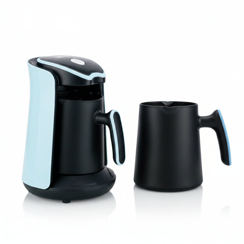 Portable electric coffee maker blue side angle white background
