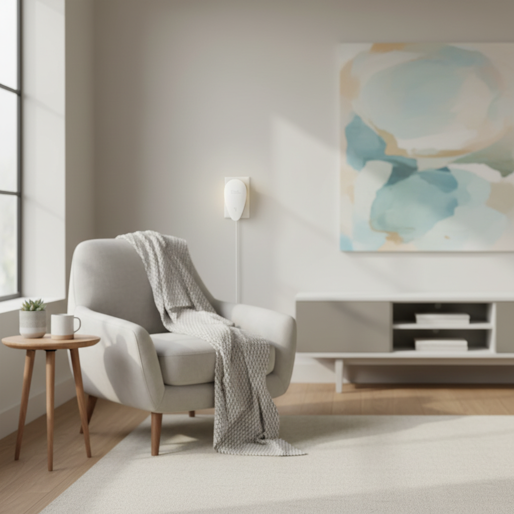 Ultrasonic pest repeller plugged in living room lifestyle
